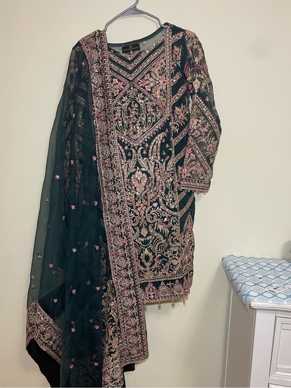 Embroidered Bottle-green & Pink Women's Festive Wear